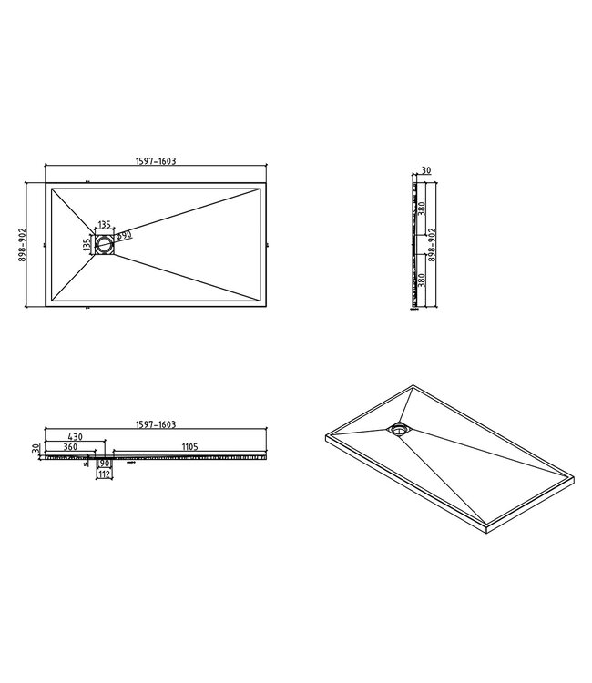 Douchebak Composiet Stonea Mat Zwart 90x160cm Antislip & Inkortbaar