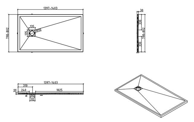 Douchebak Composiet Stonea Mat Zwart 80x140cm Antislip & Inkortbaar