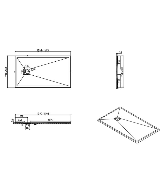 Douchebak Composiet Stonea Mat Zwart 80x140cm Antislip & Inkortbaar