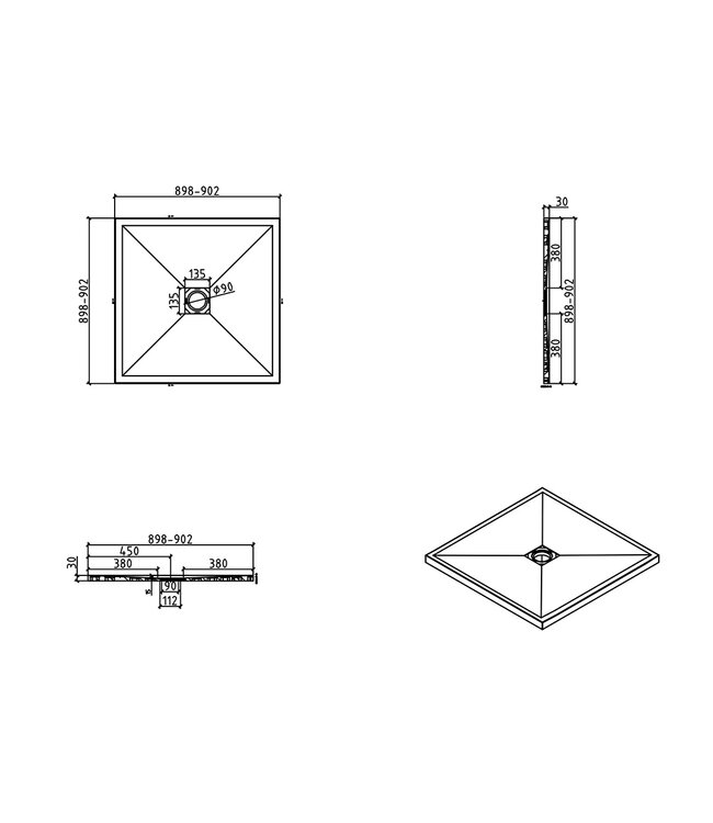Douchebak Composiet Stonea Mat Zwart 90x90cm Antislip & Inkortbaar