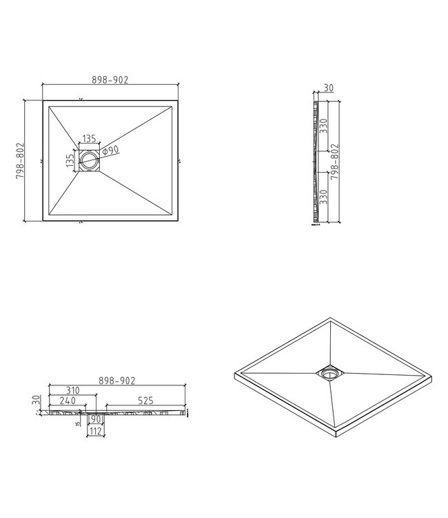 Douchebak Composiet Stonea Mat Zwart 80x90cm Antislip & Inkortbaar