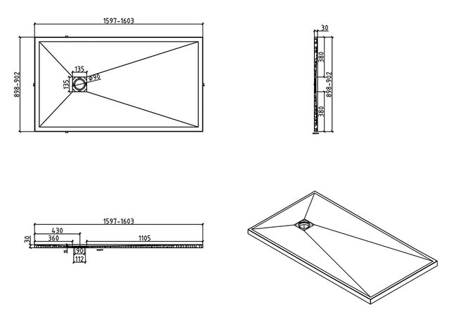 Douchebak Composiet Stonea Mat Wit 90x160cm Antislip & Inkortbaar