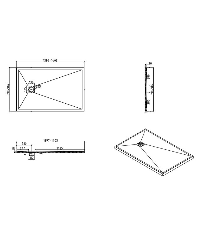 Douchebak Composiet Stonea Mat Wit 90x140cm Antislip & Inkortbaar