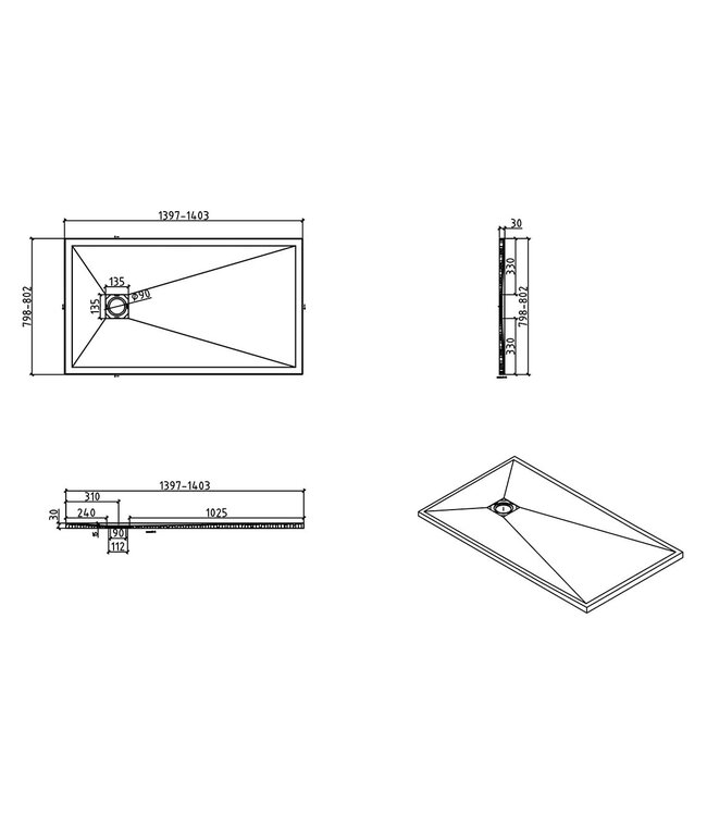 Douchebak Composiet Stonea Mat Wit 80x140cm Antislip & Inkortbaar