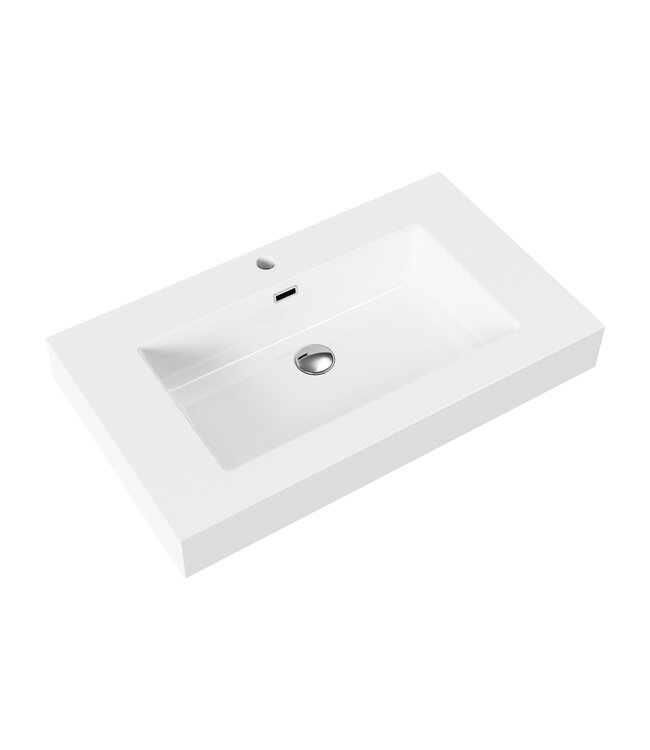 Badkamermeubel Ela Walnoot 80cm Ribbelfront - Wastafel Mat Wit met kraangat