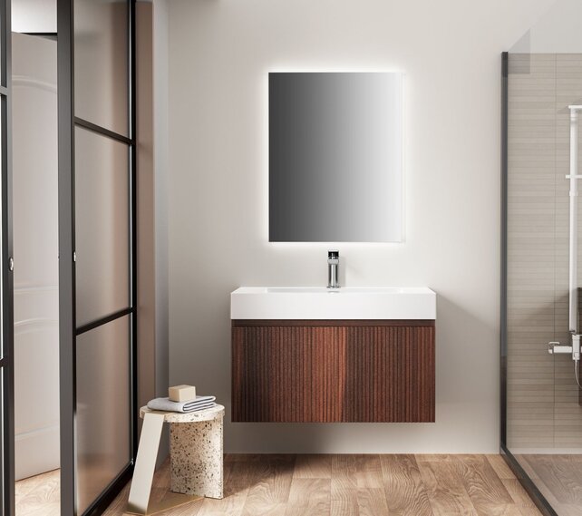 Badkamermeubel Ela Walnoot 80cm Ribbelfront - Wastafel Mat Wit met kraangat