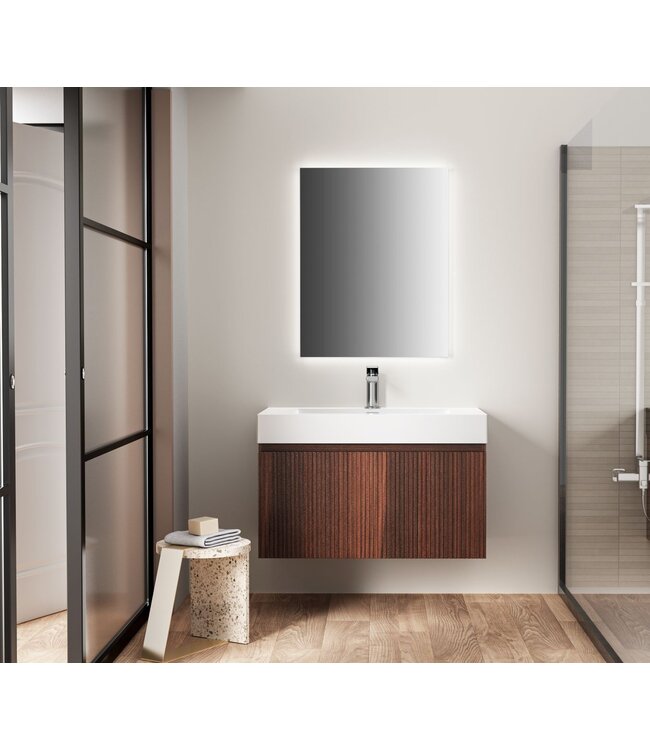 Badkamermeubel Ela Walnoot 80cm Ribbelfront - Wastafel Mat Wit met kraangat