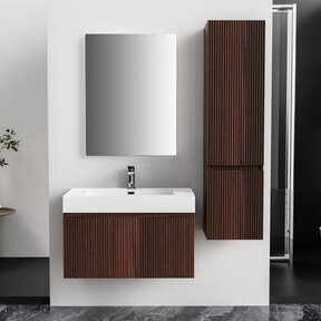 Badkamermeubel Ela Walnoot 80cm Ribbelfront - Wastafel Mat Wit met kraangat