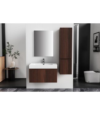 ALONI Badkamermeubel Ela Walnoot 80cm Ribbelfront - Wastafel Mat Wit met kraangat