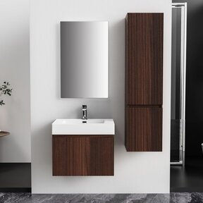 Badkamermeubel Ela Walnoot 60cm Ribbelfront - Wastafel Mat Wit met kraangat