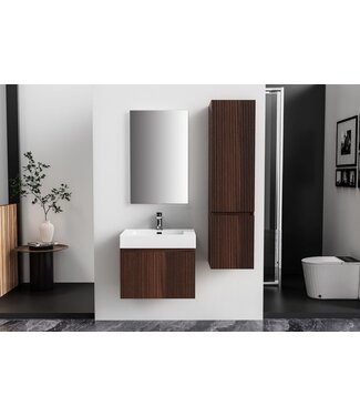 ALONI Badkamermeubel Ela Walnoot 60cm Ribbelfront - Wastafel Mat Wit met kraangat