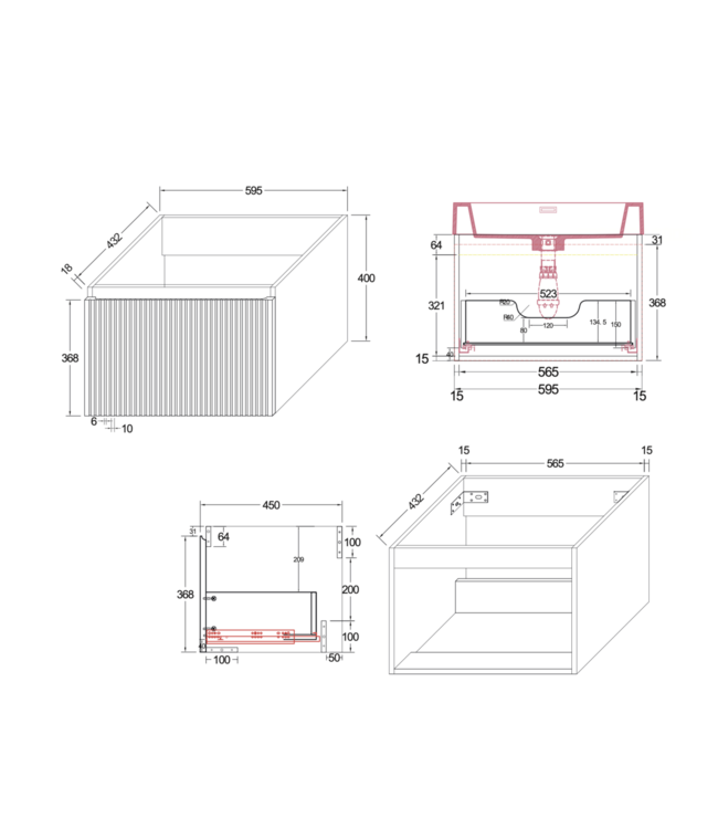 Badkamermeubel Ela Walnoot 60cm Ribbelfront - Wastafel Wit met kraangat
