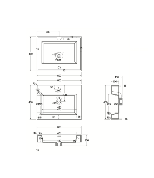 Badkamermeubel Ela Walnoot 60cm Ribbelfront - Wastafel Wit met kraangat