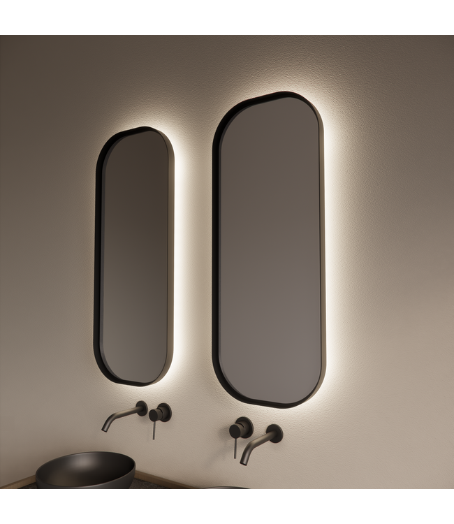 GLISS DESIGN Spiegel Plato Ovaal Verticaal Mat Zwart 50x100cm met Bewegingssensor en Spiegelverwarming
