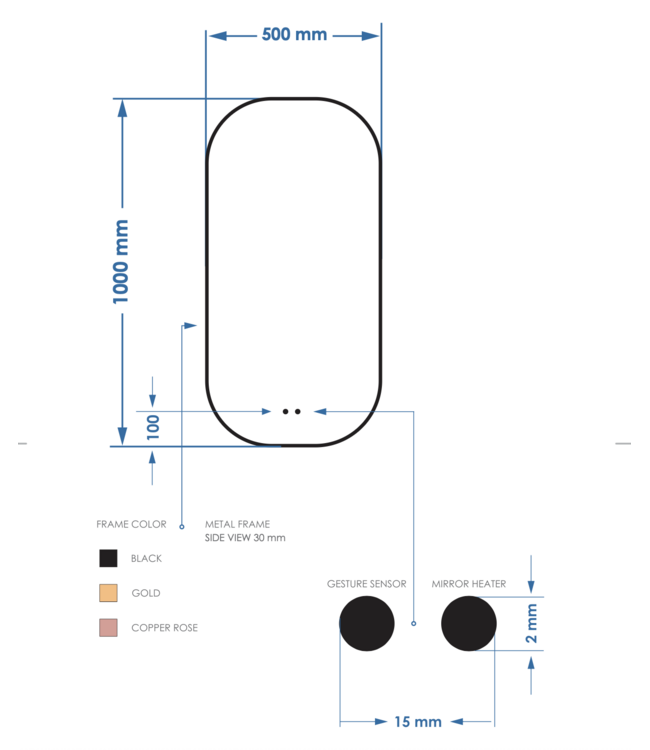 GLISS DESIGN Spiegel Plato Ovaal Verticaal Mat Zwart 50x100cm met Bewegingssensor en Spiegelverwarming