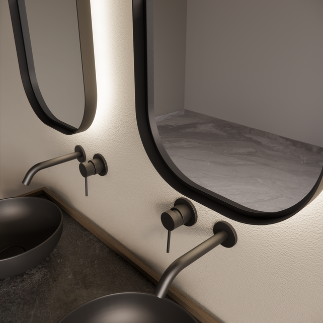 Spiegel Plato Ovaal Verticaal Mat Zwart 40x100cm met Bewegingssensor en Spiegelverwarming Spiegel Plato Ovaal Verticaal Mat Zwart 40x100cm met Bewegingssensor en Spiegelverwarming