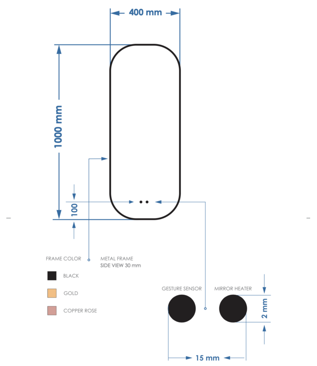 Spiegel Plato Ovaal Verticaal Mat Zwart 40x100cm met Bewegingssensor en Spiegelverwarming