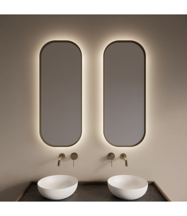 Spiegel Plato Ovaal Verticaal Geborsteld Goud 50x100cm met Bewegingssensor en Spiegelverwarming