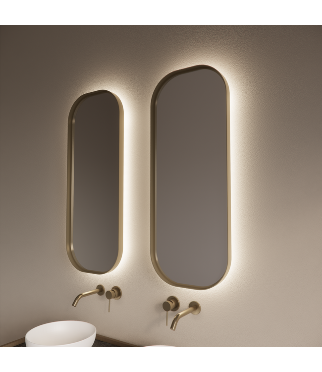 Spiegel Plato Ovaal Verticaal Geborsteld Goud 50x100cm met Bewegingssensor en Spiegelverwarming