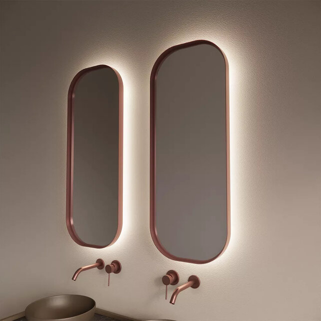 Spiegel Plato Ovaal Verticaal Koper Rosé 50x100cm met Bewegingssensor en Spiegelverwarming Spiegel Plato Ovaal Verticaal Koper Rosé 50x100cm met Bewegingssensor en Spiegelverwarming