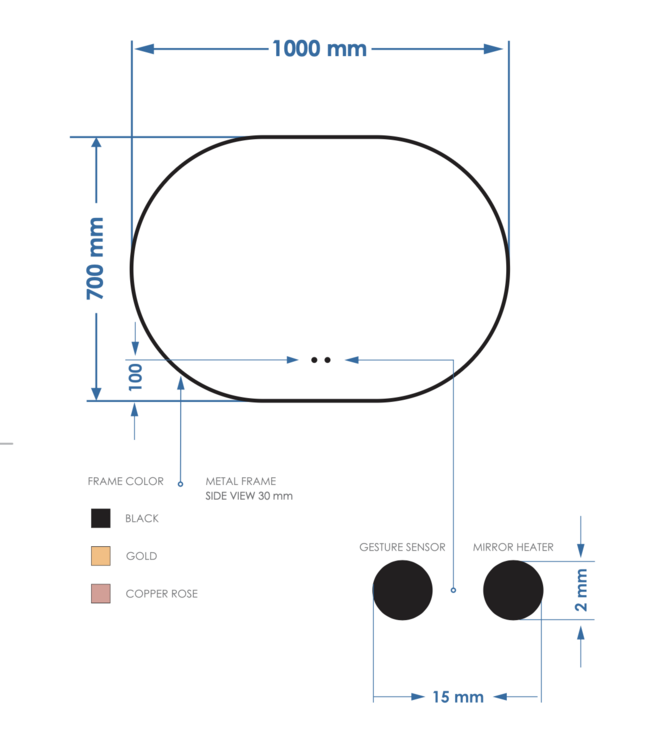 GLISS DESIGN Spiegel Ovaal Aura Horizontaal Koper Rosé 100x70cm met Bewegingssensor en Spiegelverwarming