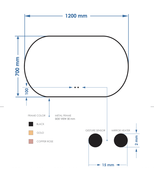 Spiegel Ovaal Aura Horizontaal Koper Rosé 120x70cm met Bewegingssensor en Spiegelverwarming