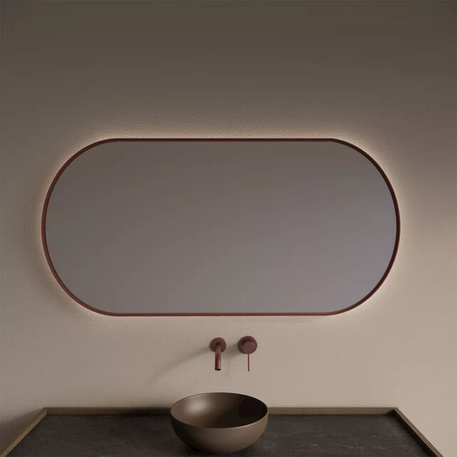 Spiegel Ovaal Aura Horizontaal Koper Rosé 140x70cm met Bewegingssensor en Spiegelverwarming Spiegel Ovaal Aura Horizontaal Koper Rosé 140x70cm met Bewegingssensor en Spiegelverwarming