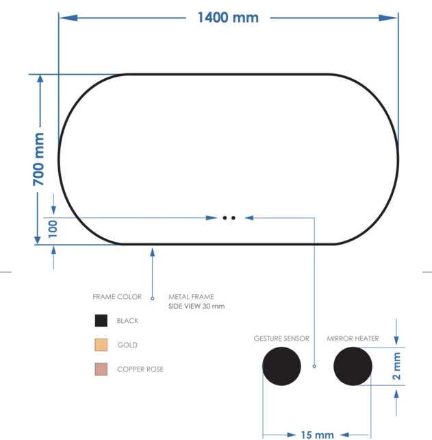 Spiegel Ovaal Aura Horizontaal Mat Goud 140x70cm met Bewegingssensor en Spiegelverwarming Spiegel Ovaal Aura Horizontaal Mat Goud 140x70cm met Bewegingssensor en Spiegelverwarming