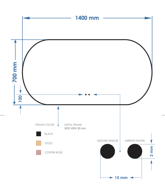 GLISS DESIGN Spiegel Ovaal Aura Horizontaal Mat Goud 140x70cm met Bewegingssensor en Spiegelverwarming