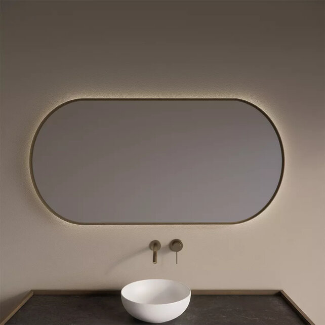 Spiegel Ovaal Aura Horizontaal Mat Goud 140x70cm met Bewegingssensor en Spiegelverwarming Spiegel Ovaal Aura Horizontaal Mat Goud 140x70cm met Bewegingssensor en Spiegelverwarming