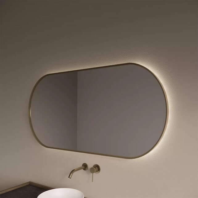 Spiegel Ovaal Aura Horizontaal Mat Goud 100x70cm met Bewegingssensor en Spiegelverwarming Spiegel Ovaal Aura Horizontaal Mat Goud 100x70cm met Bewegingssensor en Spiegelverwarming