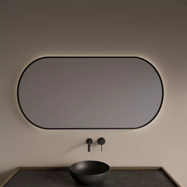 Spiegel Ovaal Aura Horizontaal Mat Zwart 100x70cm met Bewegingssensor en Spiegelverwarming Spiegel Ovaal Aura Horizontaal Mat Zwart 100x70cm met Bewegingssensor en Spiegelverwarming