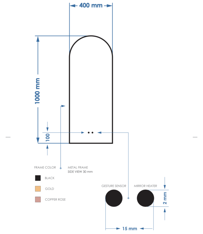 GLISS DESIGN Spiegel Delta Mat Zwart 40x100cm Boogspiegel met Bewegingssensor en Spiegelverwarming