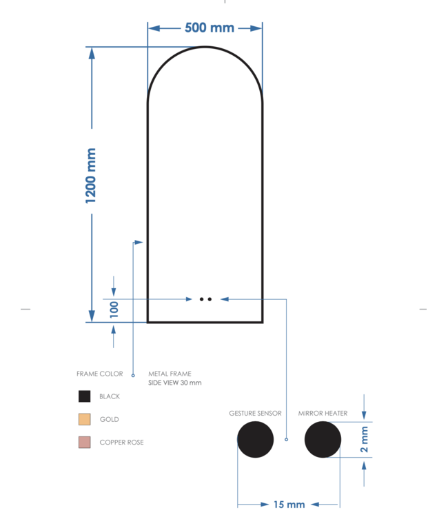 GLISS DESIGN Spiegel Delta Koper Rosé 50x100cm Boogspiegel met Bewegingssensor en Spiegelverwarming