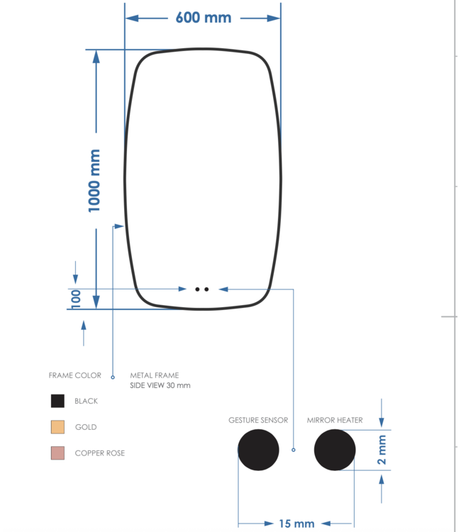 Spiegel Ovaal Epos Verticaal Koper Rosé 60x100cm met sensor en Spiegelverwarming