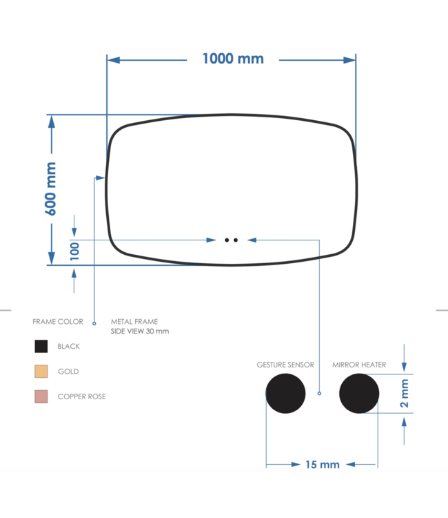 Spiegel Ovaal Epos Horizontaal Koper Rosé 100x60cm met Sensor en Spiegelverwarming