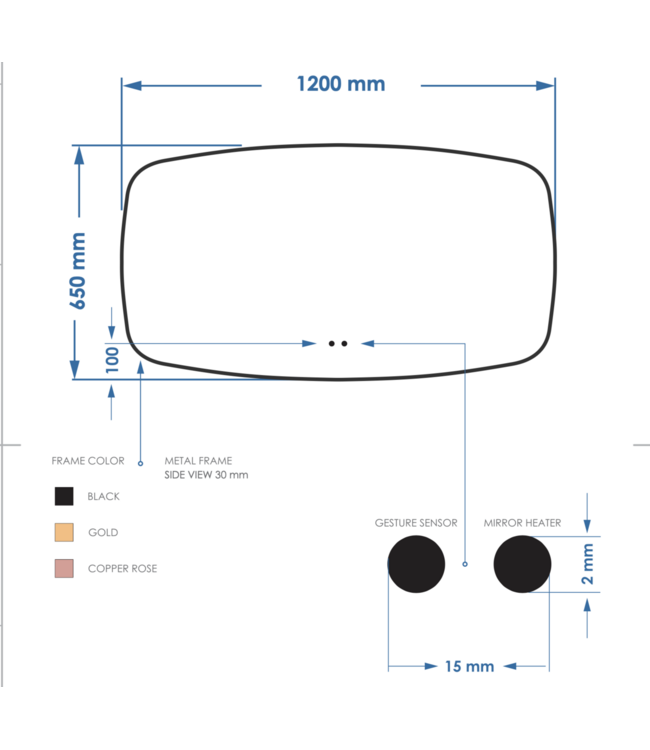 Spiegel Ovaal Epos Horizontaal Koper Rosé 120x65cm met Sensor en Spiegelverwarming