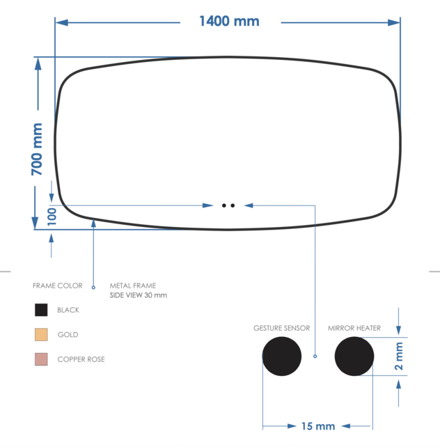 Spiegel Ovaal Epos Horizontaal Mat Zwart 140x70 cm met Sensor en Spiegelverwarming