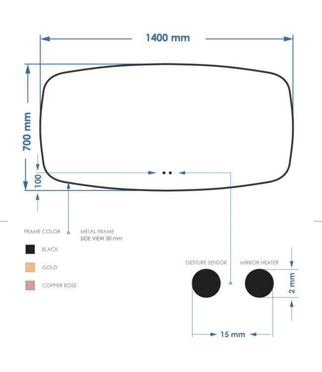 GLISS DESIGN Spiegel Ovaal Epos Horizontaal Mat Zwart 140x70 cm met Sensor en Spiegelverwarming