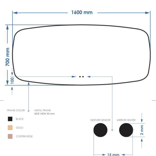 Spiegel Ovaal Epos Horizontaal Mat Zwart 160x70 cm met Sensor en Spiegelverwarming