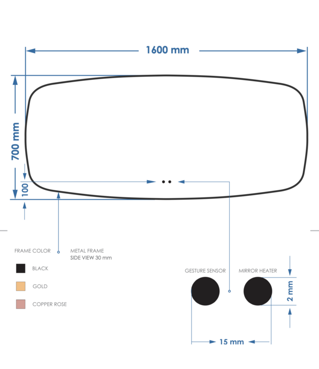 Spiegel Ovaal Epos Horizontaal Mat Zwart 160x70 cm met Sensor en Spiegelverwarming