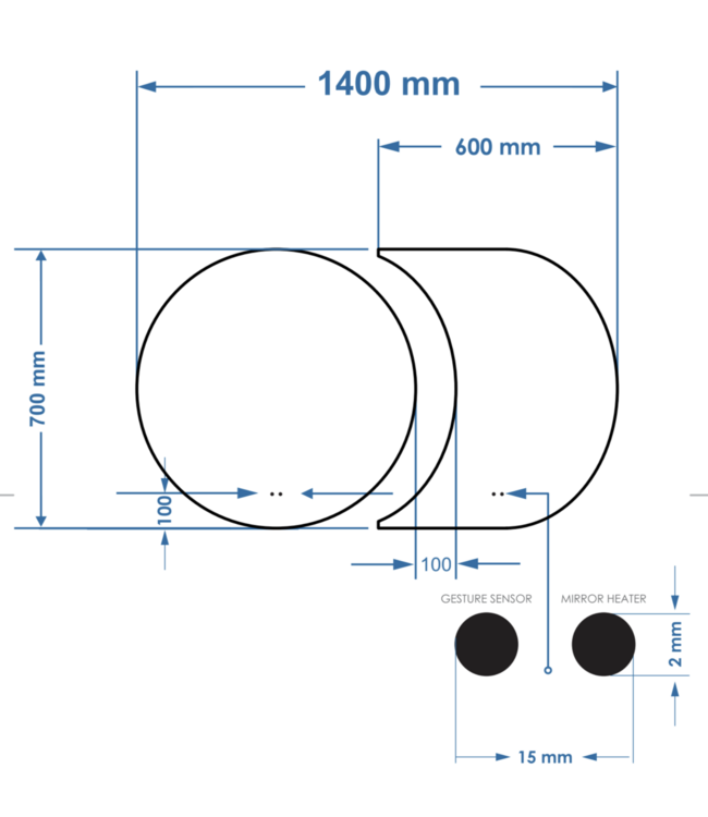 Spiegel Gliss Eris 70 + 60x70 cm 2-delig - sensor bediening met dimbaar licht - Spiegelverwarming