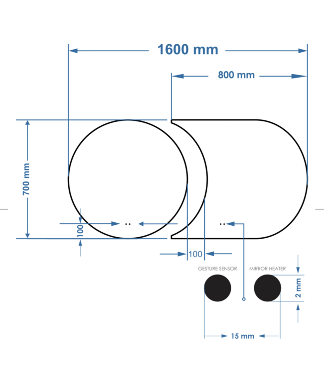 Spiegel Gliss Eris 70 + 80x70 cm 2-delig - sensor bediening met dimbaar licht - Spiegelverwarming