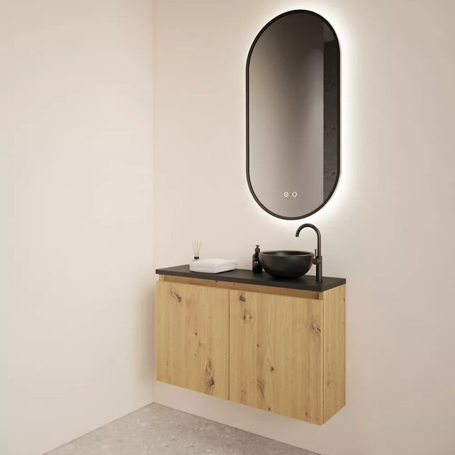 Toiletmeubel Gliss Echo Artisan Eiken 80x50cm met Zwart toppaneel