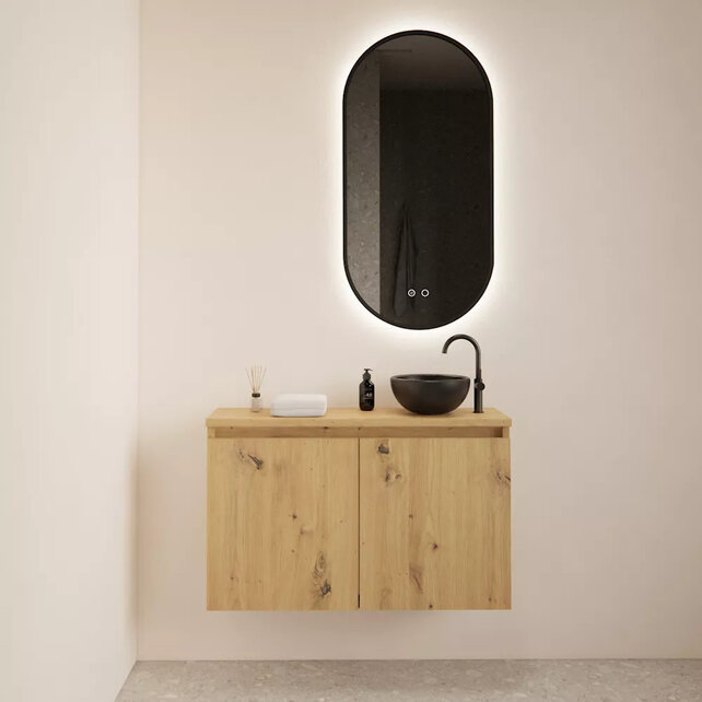Toiletmeubel Gliss Echo Artisan Eiken 80x50cm met Zwart toppaneel