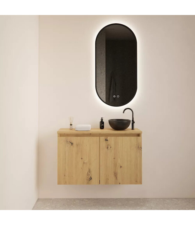 Toiletmeubel Gliss Echo Artisan Eiken 80x50cm met Zwart toppaneel