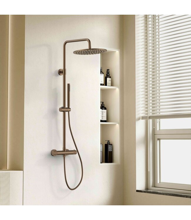 Regendoucheset Stria Mat Bruin Brons (PVD) (Cool-touch) 30cm Regendouche met thermostaatkraan