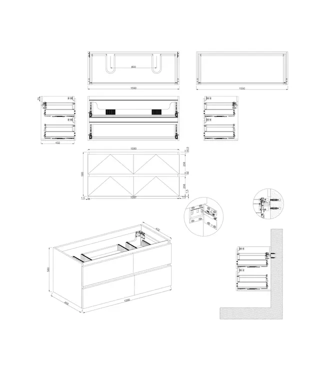 Wastafelonderkast Lumiere Mat Grijs 4-lades - 200x45x58cm - 2-uitsparingen