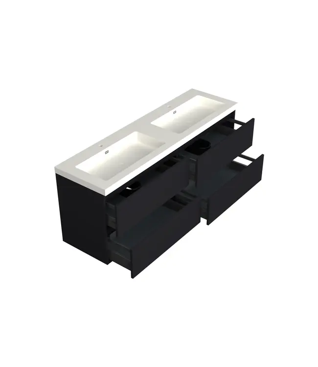 Wastafelonderkast Lumiere Mat Zwart 4-lades - 200x45x58cm - 2-uitsparingen