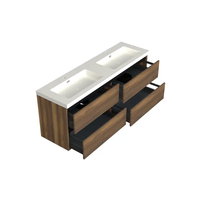 Wastafelonderkast Hamilton Walnoot 4-lades - 160x45x58cm - 2-uitsparingen